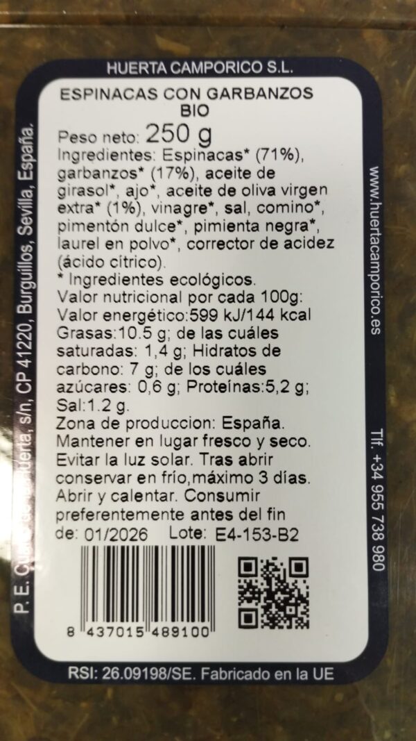 Épinards aux pois chiches Campo Rico Organic 250 g – Image 2