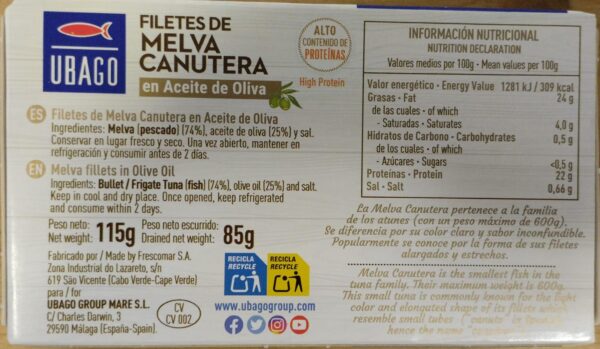 Ubago Filetes de Melva Canutera en Oliva lata RR 125 - Imagen 2